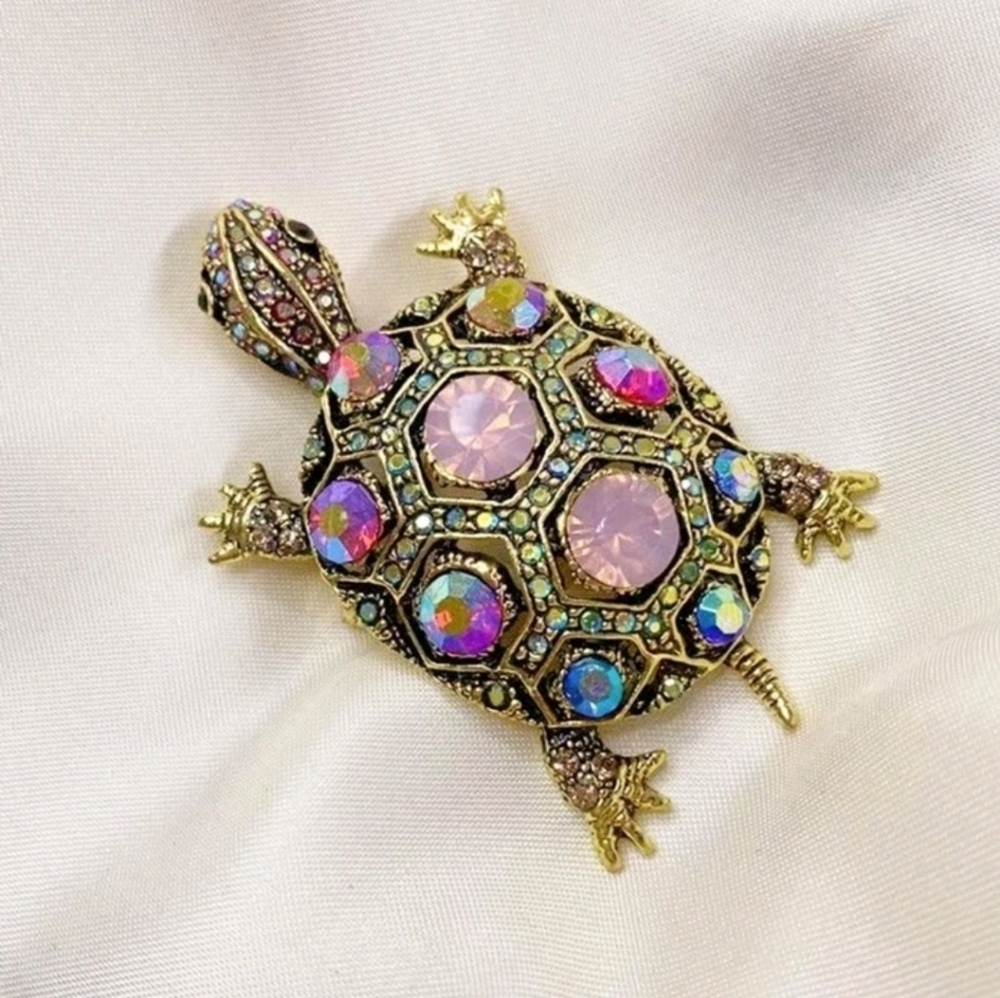 Retro Crystal Turtle Brooch, NEW